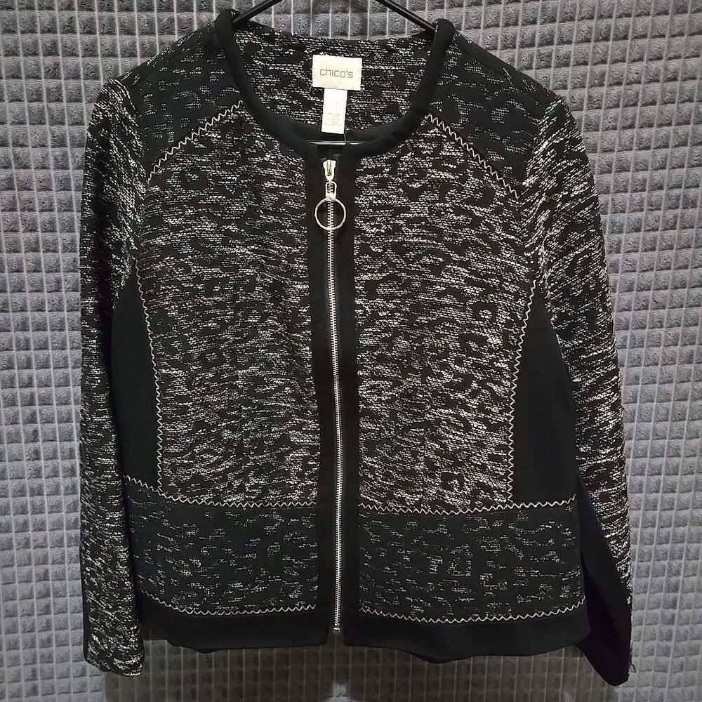 Black Sparkle Leopard Zip Jacket Chicos 2P SzLg Petite Boho Chic Corp Career NWT